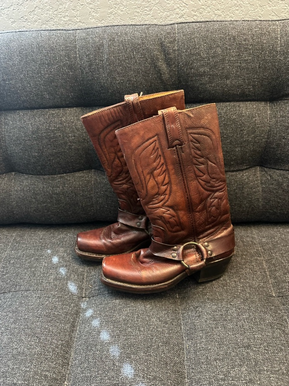 Frye Brown Leather Harness Boots with Yellow Leather Lining